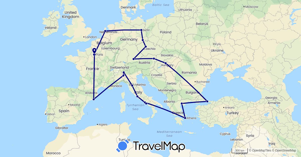 TravelMap itinerary: driving in Austria, Czech Republic, Germany, Spain, France, Greece, Hungary, Italy, Netherlands, Turkey (Asia, Europe)