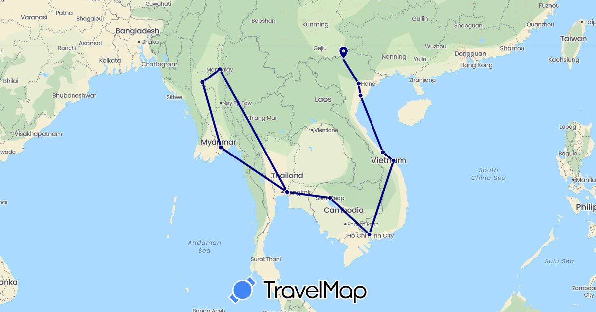 TravelMap itinerary: driving in Cambodia, Myanmar (Burma), Thailand, Vietnam (Asia)